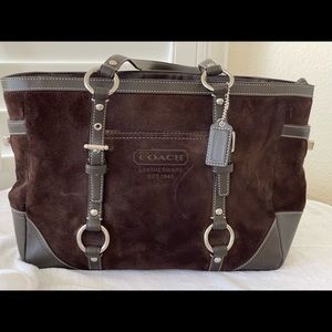 Coach Brown Leather Suede Bag. Trim, bottom and handles made of leather.
